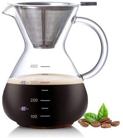 Ailelan Pour Over Coffee Maker, 400ml Vaso Cafetera Goteo Manual con Filtro Café Reutilizable y Mango Resistente al Calor, Cafetera Goteo Pequeña Prepara Hasta 2 a 3 Tazas para Baristas