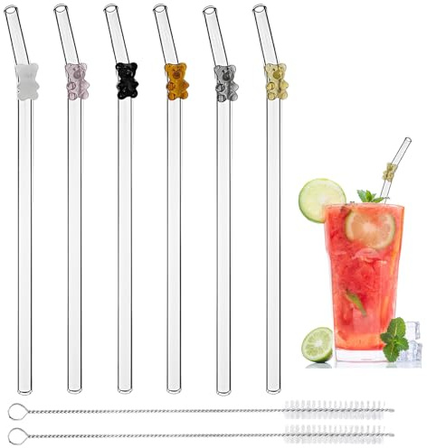 Wiederverwendbare Glas-Trinkhalme, gebogene Glas-Trinkhalme, perfekt für Smoothies, Kaffee, Saft, Tee, Milch, Cocktails (Bunte Bären)