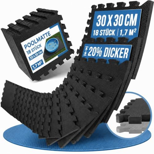 Veluris 18 Poolmatten - 30x30cm, 1,7m² - extra dicke Unterlegmatten für den Pool [20% Extra Schutz] starker Bodenschutz mit 27 Verbindungsstücken rutschfeste und isolierende Poolunterlage, Poolplatten