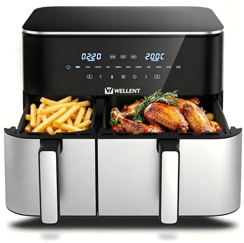 WELLENT 11L Airfryer 2 Kammern, 2600W Heißluftfritteuse XXL(4+7L),10-in-1 Heissluftfritteuse Doppelkammer Air fryer Dual Zone mit Touchscreen, Match & Sync-funktion, spülmaschinenfest