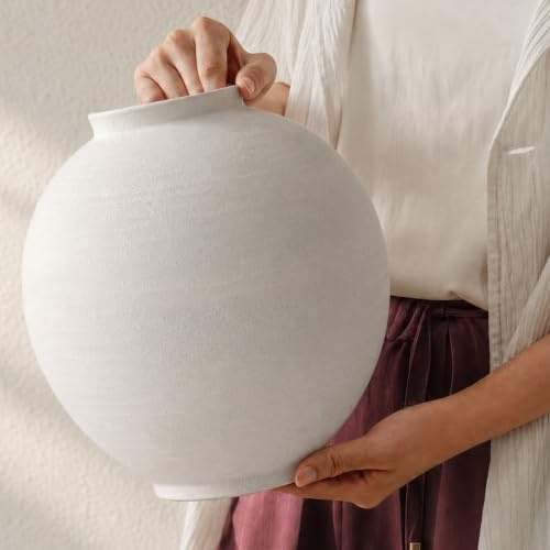 TheCozyBay White Ceramic Vase for Flowers, 25 cm Rustic Large Flower Vase – Boho Living Room Decor & Bedroom Decor, Neutral Farmhouse Home Accessories, Shelf & Table Decorations