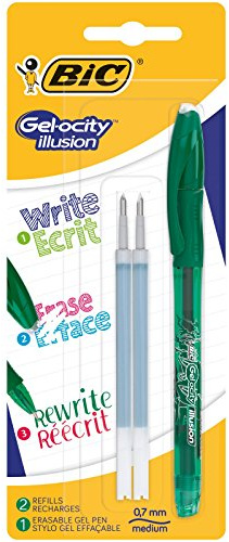 BIC 944103 Gel-Ocity Illusion Pressure Gel Rollerball Pen 0.3 mm Green Blister Pack of 1 + 2 Refills