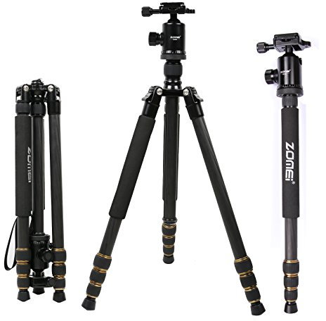 ZOMEI Q666C 59inch Travel Portable Lightweight Carbon Fiber Camera Tripod Monopod with Ball Head/Quick Release Plate/Carry Bag for Canon Nikon Sony DSLR