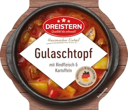 Dreistern Gulaschtopf 400g - Rindfleisch Fertiggericht mit DDR Kochbuch | Würziger Eintopf wie Hausgemacht, Mikrowellenschale ohne Kühlung haltbar, Inkl. DDR Rezepten und Geschenkkarte