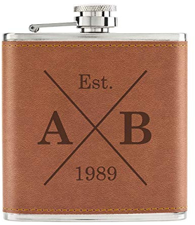Personalisiert Individuell Initialen X Est Geburt Datum 6oz Pu-Leder Flachmann Hellbraun