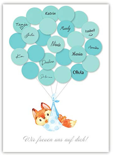 Pandawal Babyparty Deko Junge Fuchs Gästebuch Alternative (blau) Gastgeschenk Baby Shower Set Taufe Pullerparty Erinnerungsstück/Andenken beschreibbar/Fingerabdruck