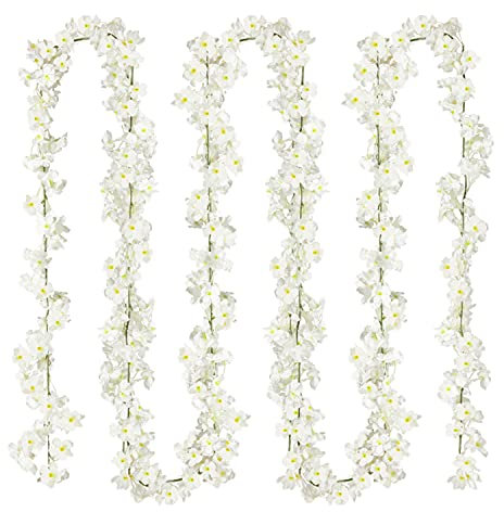 Sggvecsy Cherry Blossom Garland Artificial Cherry Flower Vines 2 Pack Hanging Silk Flowers Garland for Home Wedding Garden Party Arch Office Decor (White)