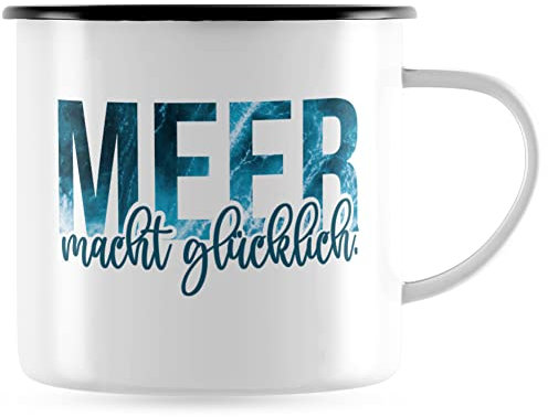 JUNIWORDS Emaille-Tasse, Meer Macht glücklich, Schwarzer Tassenrand