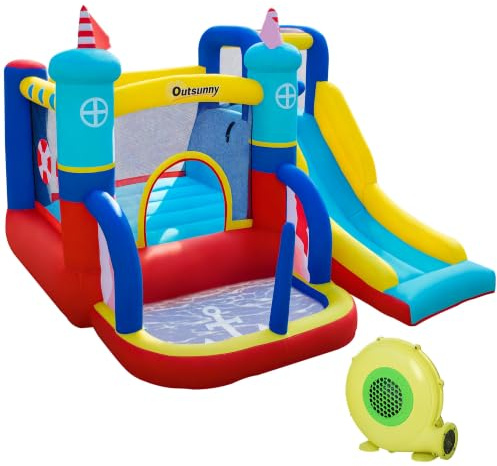 Outsunny Castello Gonfiabile 4 in 1 per Bambini 3-8 Anni, 265x260x200cm | Trampolino, Scivolo, Piscina, Parete da Arrampicata, Borsa Trasporto, Parco Acquatico Gonfiabile per Giardino, Gonfiatore