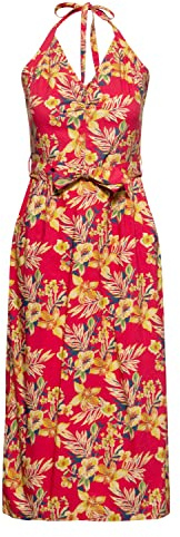 Queen Kerosin Damen Pencil Kleid Bleistiftkleid Neckholder Hawaii Tropischer All-Over-Print Hibiskus Sommer Party 50S Hawaii Red