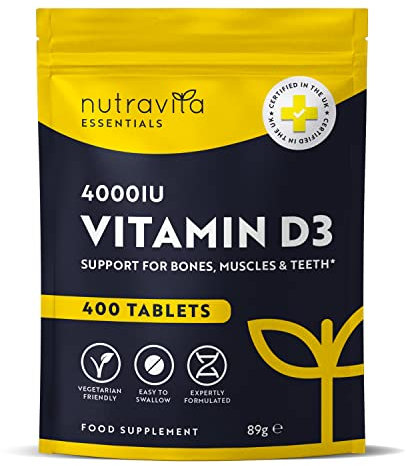Vitamin D Tablets 4000 IU - Vegetarian Vitamin D3 4000 IU - 400 VIT D - High Strength 1 Year Supply - Supports The Immune System and Bone Health - Made in The UK by Nutravita