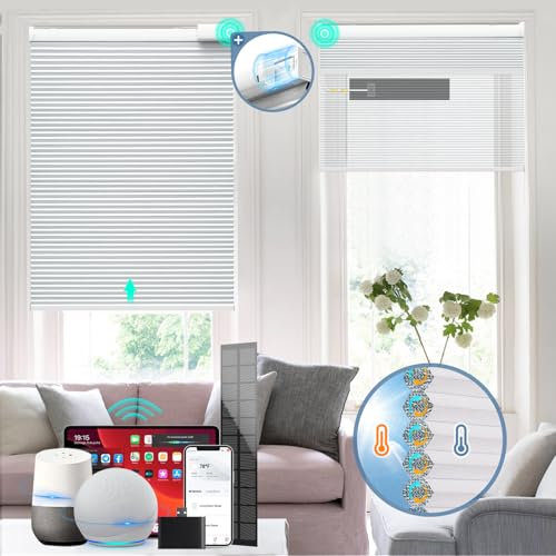 BLANKENDON Solar Powered Rechargeable Motorized Smart Blinds(Free Solar Panel) Remote Control, Blackout Electric Cellular Shades, Windows Automatic Honeycomb Blinds, with Alexa Google, White, 24× 64