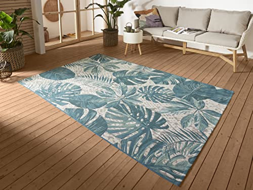 Hanse Home Tropical Leaves In- & Outdoor Teppich – Flachgewebe Aussenteppich, Jungel Palmen Blätter Design, ÖKO-TEX Wetterfest & UV-beständig für Balkon, Terrasse, Garten – Türkis, 200x285cm
