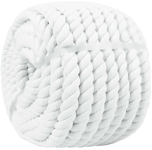 White Rope Twisted Cotton Rope (1/2 in x 165 ft) Natural Thick Cotton Rope for Crafts, Railings, Hammock, Decorating
