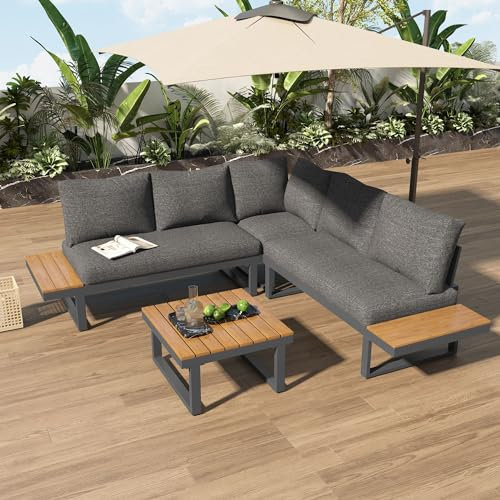 Merax Gartenmöbel Set 4-Personen, Gartenlounge Sitzgruppe Outdoor mit Couchtisch, Stabiler Metallrahmen, Liegestuhl mit verstellbare Rückenlehne, für Garten Balkon und Terrasse, mit Sitzkissen, Grau