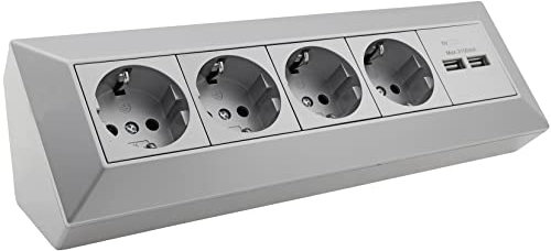 Bloc de prises 4 prises + 2x USB, argent, montage facile car l'intérieur est pré-câblé, montage en saillie - idéal pour les plans de travail et les établis