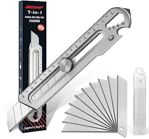 BECOWIN 7-In-1 Mutipurpose Utility Knife, Stainless Steel Retractable Box Cutter, Heavy Duty Snap off Cutter Knife with 10PC 18MM SK5 Blades, Safety Lock Design