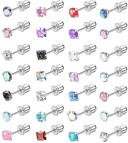 Morfetto 28 Stück Hypoallergene Ohrstecker Set für Frauen Männer 316L Edelstahl Knorpel Flache Rückseite Ohrstecker CZ Opal Schraubverschluss Piercing Schmuck Mehrfarbig 20G Schraubverschluss