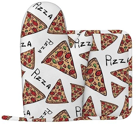 Set di 2 guanti da forno e presine con stampa a pizza, lavabili e resistenti al calore, guanti da cucina antiscivolo per cucina, cottura al forno, barbecue