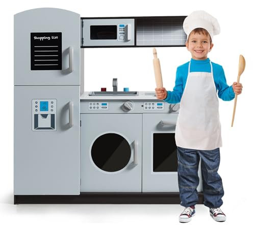 GYMAX Wooden Kids Kitchen Play Set, Children Pretend Kitchen Playset with Stoves, Oven, Microwave, Fridge, Washing Machine, Chalkboard & Sounds, Realistic Role Play Toy Kitchen for 3+