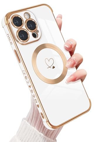 Magnetic Case for iPhone 15 Pro Max [Compatible for MagSafe], Soft Silicone Protective Phone Case Cute Gold Love Heart Pattern Shockproof Bumper Cover for iPhone 15 Pro Max -White