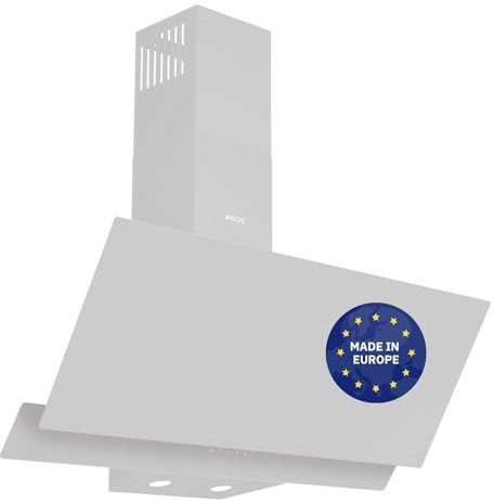 Wiggo A942G Dunstabzugshaube 90cm kopffrei I Abluft Umluft Dunstabzug 626m³/h - Touch-Display 4 Stufen I Energieeffizienzklasse A Schräghaube inkl. 2x Kohlefilter I Abzugshaube Glasfront weiß