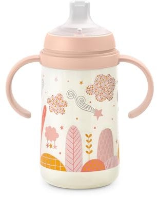 Suavinex, Vaso Aprendizaje Bebé con Boquilla de Silicona y Asas, Biberón con Asas, con Sistema Anticólico, Tapa Protectora, Vaso Antiderrame, 270 ml, para Bébés +6 Meses, Apto Lavavajillas, Rosa