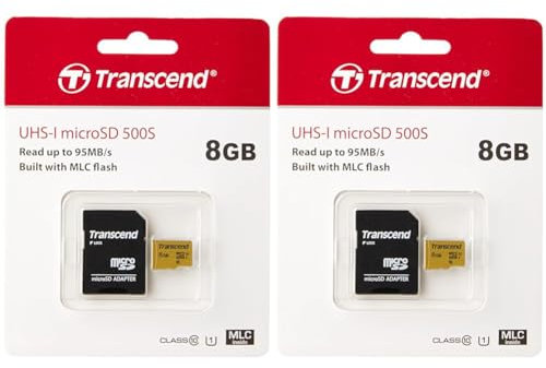 Transcend 8GB microSDHC 500S Memory Card UHS- I, C10, U3, V30, 4K, Full HD, Up to 95/80 MB/s (ideal for action cameras and drone cameras) TS8GUSD500S (Pack of 2)
