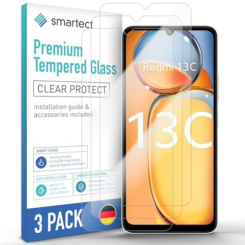 smartect Cristal Templado [3 Piezas, Clear] para Xiaomi Redmi 13c / Poco C65, Protector de Pantalla HD Antiarañazos, Sin Burbujas, Dureza 9H, 0.3mm Ultra Transparente, Ultra Resistente
