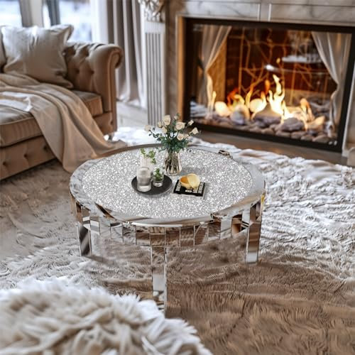 Artloge Couchtisch Rund Glas Kristall Wohnzimmertisch, Beistelltisch Ø80 Diamant Kaffeetisch Modern Silber Verspiegelte Sofatisch Glastisch für Wohnzimmer 80×80 cm