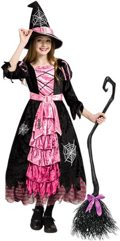 Spooktacular Creations Disfraz de bruja rosa de cuento de hadas, bonito disfraz de bruja con escoba para niñas