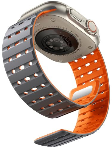 Bandletic Magnético Correa Compatible con Correa Apple Watch Ultra 2 45mm 44mm 49mm, Suave Silicona Sport Band para Apple iWatch Ultra Series 10 9 8 7 6 5 4 3 2 1 SE para Mujeres Hombres, Gris Naranja