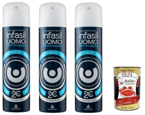 Infasil Deospray für Herren Derma 48h Fresh mit Molekül 2C, intensive Frische, Deo 3x 150 ml + Italian Gourmet polpa 400g