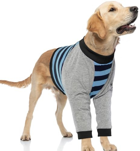 FUAMEY Chemise de Convalescence pour Chien avec Protection de coude pour Pattes Avant, Rayures Bleues L, Taille L (Poids : 20-30 kg), protège Les plaies de la Jambe du Chien, Chiens de Taille Moyenne
