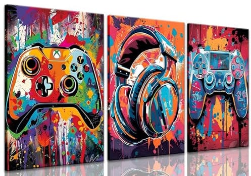 Yolbcdr Video Game Wall Art Gaming Posters 3 Pcs Gamer Wall Decor for Teen Boys Bedroom Graffiti Gamepad Headphones Canvas Prints Cool Pictures Pop Art Painting Men Room Decoration 12x16in Framed