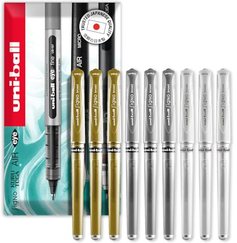 uni-ball Signo Pen - UM-153 Broad Metallic Gel Ink Rollerball - Metal 1.0mm Tip Nib - Rubber Grip - In Envelope Gift Packaging (Pack of 9, Multicolor)
