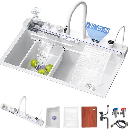 Fregadero de Cocina de lujo Inteligente en Cascada, Fregadero Multifuncional de Acero Inoxidable para el con Accesorios de Fregadero Adecuado para cocinas, bares, apartamentos (Blanco, 68 * 45cm)