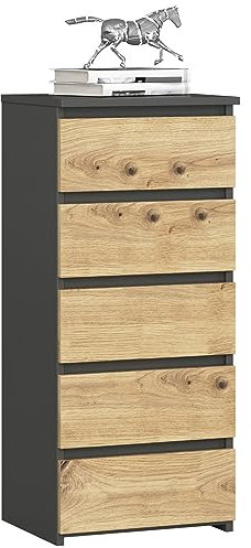 Kommode mit 5 Schubladen Kommode Schlafzimmer Flur Wohnzimmer Organizer Kommode mit Schubladen 40 cm breit 92 cm hoch | graphit-Artisan Eiche Highboard Sideboard Mehrzweckschrank Schrank schmal