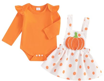 Siyova Completo Neonata Halloween 2 Pezzi Tuta Elegante Pagliaccetto Manica Lunga Stampa Fantasma/Zucca+Gonna con Bretelle Abito Bambine 0-18Mesi