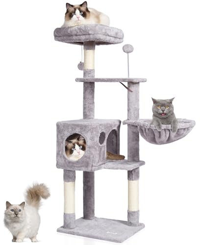 VEVOR Cat Tree for Indoor Cats, 45.2 Cat Tower with Cat Condo, Sisal Scratching Post, Hammock, Top Perch, Jumping Platforms, Large Cat House with Hang Ball, Cat Furniture Activity Center, Light Grey