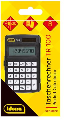 Idena 11094 - Calculadora de bolsillo TR100 con funda protectora, alimentación solar incl. pila, calculadora de oficina en negro con pantalla de 8 dígitos, aprox. 7,3 x 11,7 x 1 cm