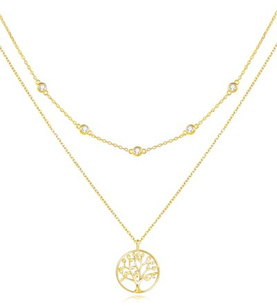 FANCIME Layered Kette Damen mit Lebensbaum Anhänger, 14K Gelbgold Vergoldet Personalisierte Zarte Mehrreihige Halskette, 925 Sterling Silber Halskette Schmuck für Damen Mädchen