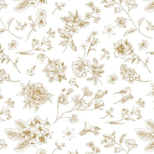 CiCiwind Selbstklebende Tapete 44CM×3M Weiß Gold Blumen und Vögel Tapeten Verdicken Möbelfolie Selbstklebend Wasserdicht Vinyl Klebefolie Vintage Wandverkleidung Selbstklebend für Wand Schrank Möbel