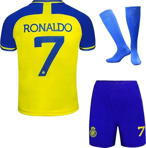 Soft Gardin No #7 Nassr Riyadh Al Home Football Soccer Jersey/Shorts Socks Gift Set for Fans Youth Sizes (Blue/Yellow, 28.)
