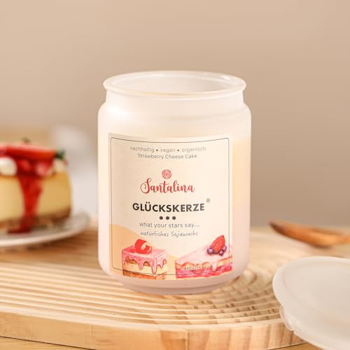Strawberry & Cheesecake Duftkerze – Glückskerze mit zufälliger Botschaft | fruchtig-süß mit Dessertnote, ideal als Geschenk für Genießer | 450g Sojawachs im Glas, Brenndauer ca. 45 Std