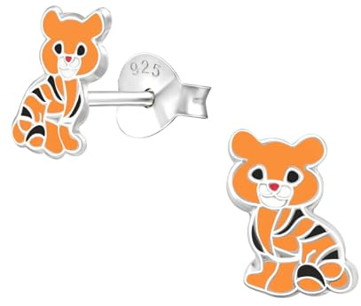 Monkimau Tiger Kinder Ohrringe | 925 Silber | Mädchen Ohrstecker Schmuck | Hypoallergen & Nickelfrei | Kinderohrringe Geschenkidee