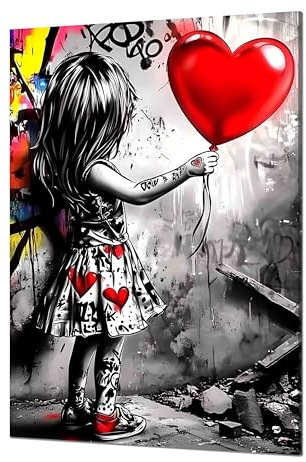 Kunstbruder© Wandbilder Banksy Gross hochkant Schlafzimmer Home Deko Wohnung Bild Wohnzimmer Bilder Leinwand Graffiti kunstdruck - Bunt gemälde (MädchenMitHerzballon, 60x80 cm)