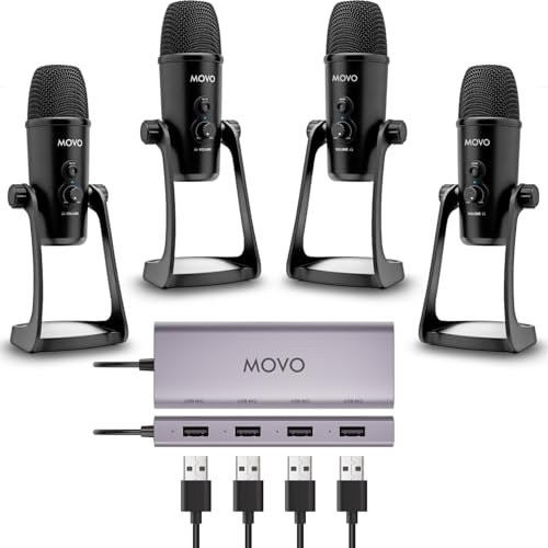 Movo USB Podcast Equipment Bundle for 4 – USB Interface with 4 UM700 Condenser Microphones – 4-Port Powered Hub for Streaming, Podcasting, Interviews