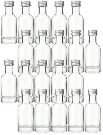 gouveo 20er Set 50 ml Glasflasche Klassik mit Schraubverschluss silberfarben - Runde Mini-Flasche mit dickem Boden & schmalem Hals - Ideal für Likör, Öl, Proben, Kosmetik (KFT050S)