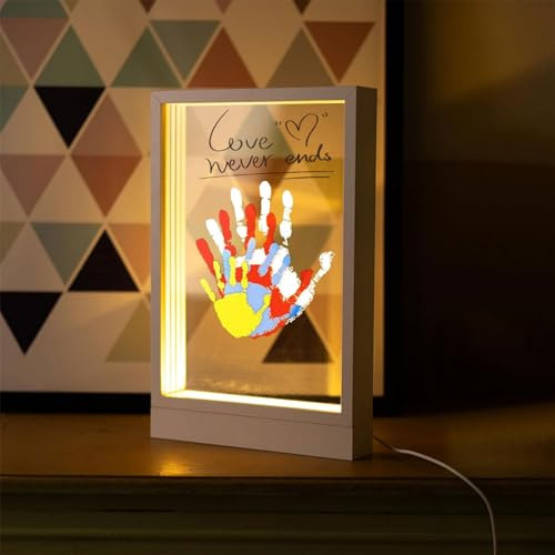 Kit per Impronte di Mani Di Famiglia, Cornice in Legno per Ricordi Artigianali Fai-Da-Te, illuminazione a LED, Lascia Dietro di Te Bei Ricordi, Essere Appoggiato o Appeso, Fogli Trasparenti, Bianco